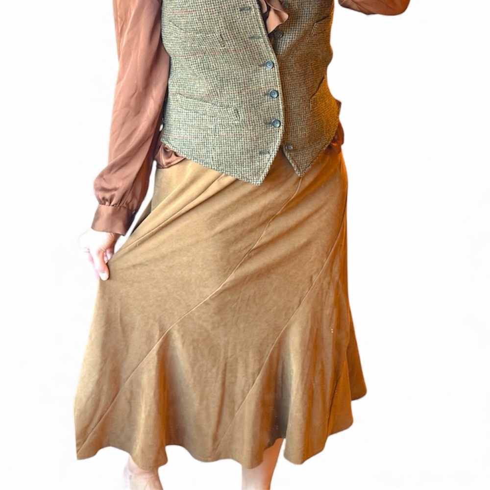 Hunting wives brown fit n flare Skirt vegan suede size 12/14 long western skirt